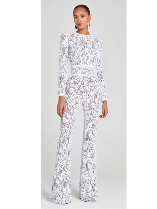 NADINE MERABI Pants - Nadine Merabi Bella Sequin Lace Flared Leg Jumpsuit Bridal Wedding White Small